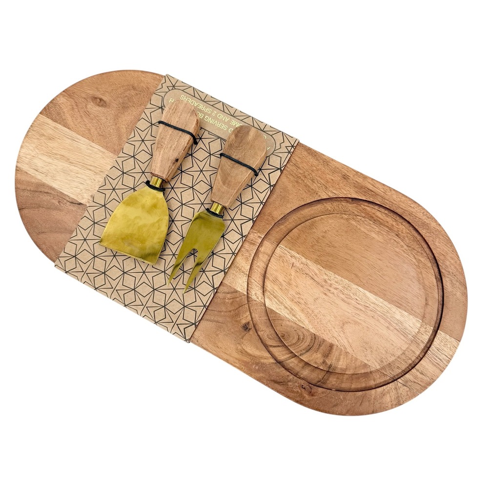 Acacia Wood Serving Board with Two Spreaders and Glass Dome Made in India NEW